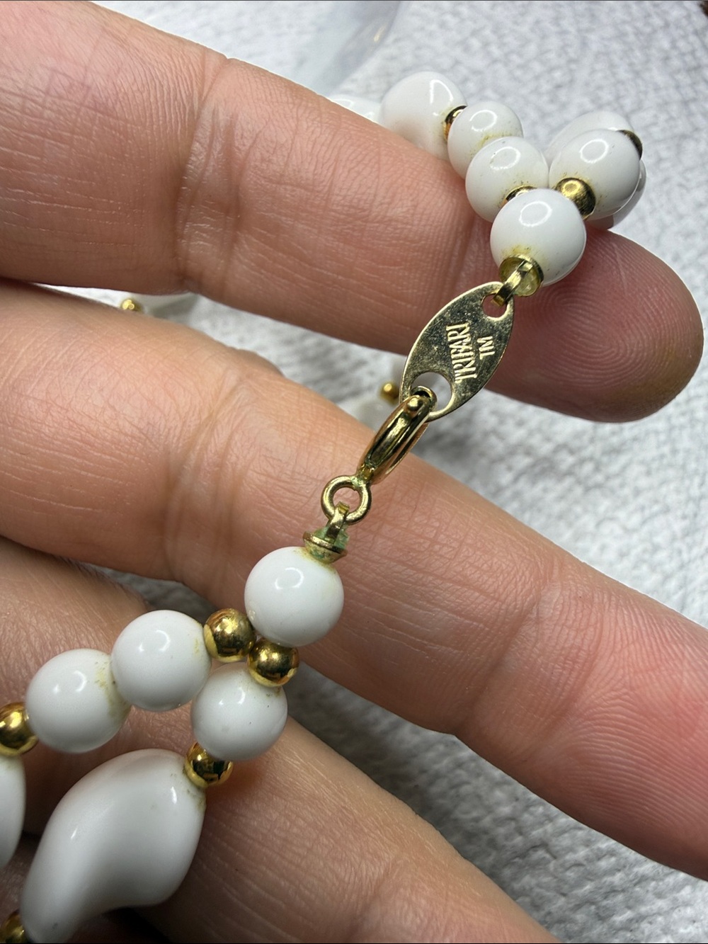 Trifari White Beaded Necklace with Gold-Tone Accents